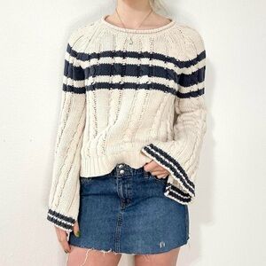 cream and navy chaser thick knit chunky sweater top crop top